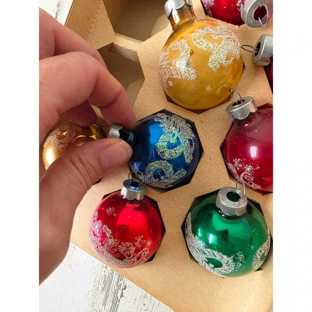 Vintage Rauch glitter stencil Mica glass ornament set box Xmas tree candy cane